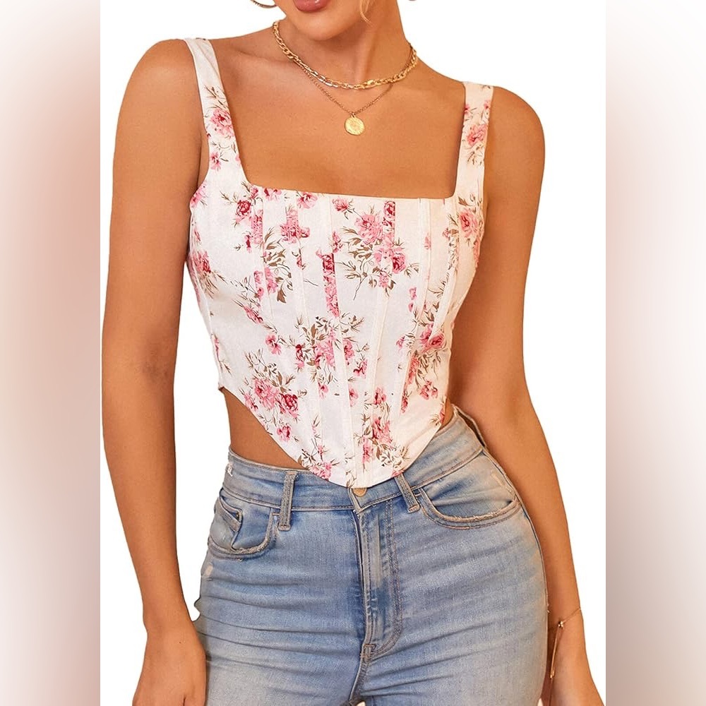 NWT Kutumai Floral Print Women's Corset Top, White with Pink Flowers, Size Large